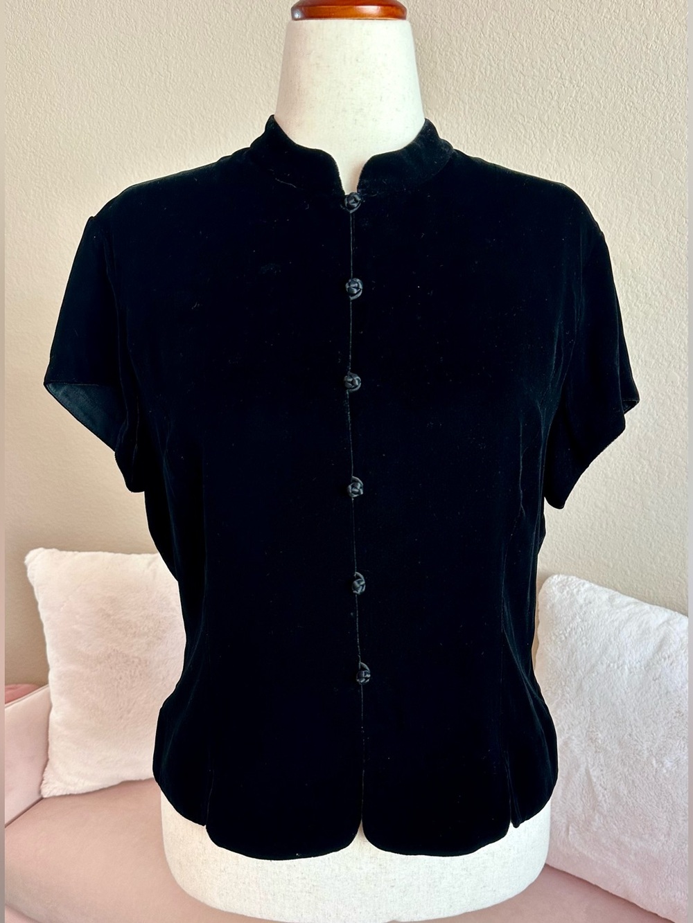 VTG 90s Ann Taylor Top Black Velvet Mandarin Collar Cap Sleeve Knot Buttons Sz S